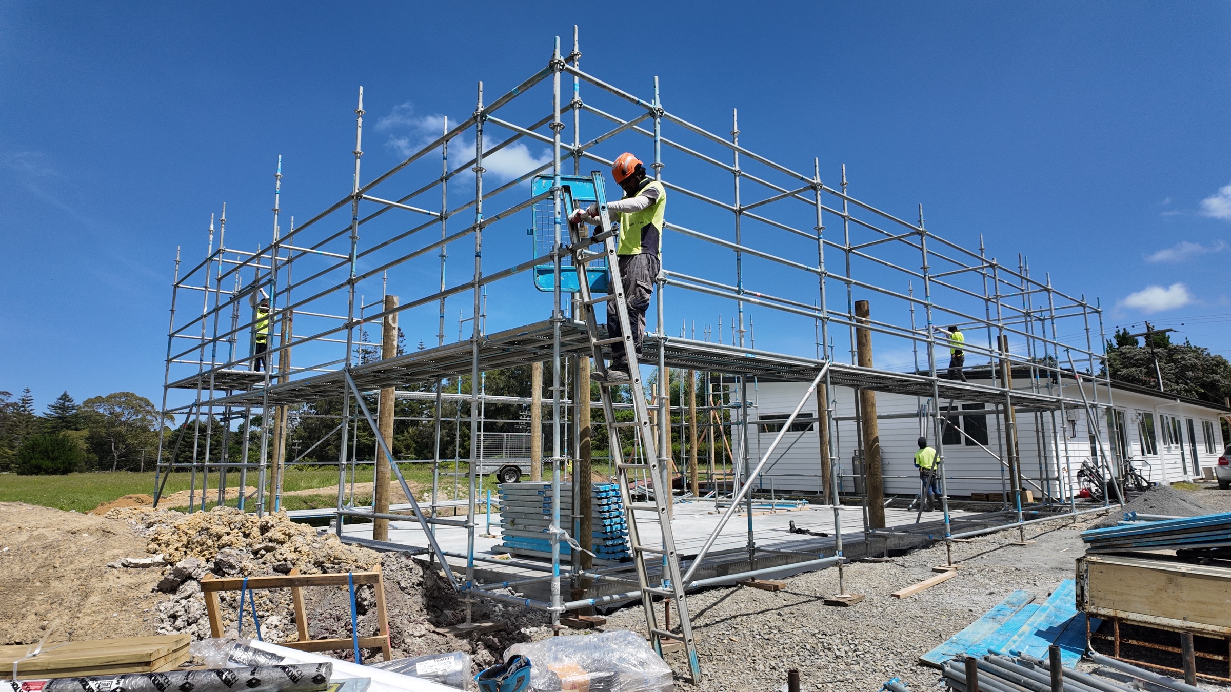 Scaffolding and posts prepared for construction